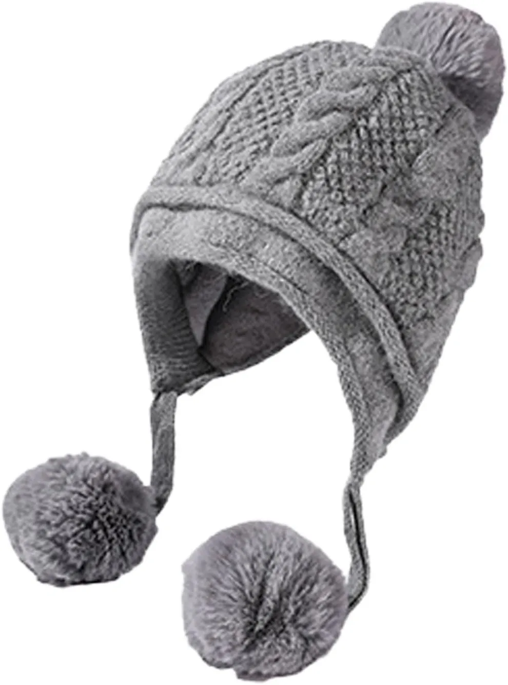 Beanie for Women Ear Flap Slouchy Cable Knit Hat with Pompom Fleece Lined Winter Hat Thick Cover Ears Skull Cap