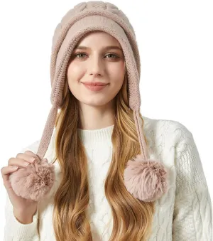 Beanie for Women Ear Flap Slouchy Cable Knit Hat with Pompom Fleece Lined Winter Hat Thick Cover Ears Skull Cap
