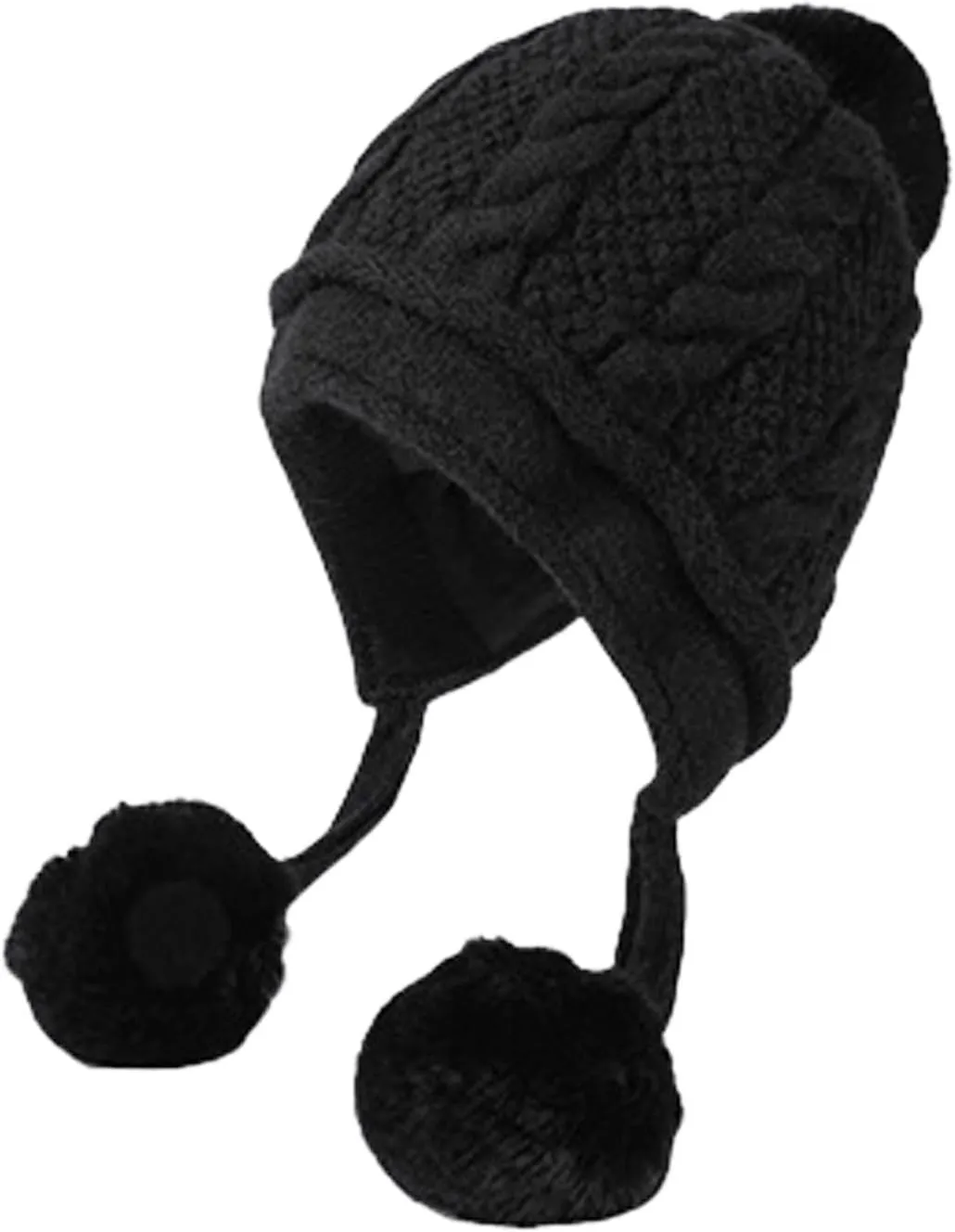 Beanie for Women Ear Flap Slouchy Cable Knit Hat with Pompom Fleece Lined Winter Hat Thick Cover Ears Skull Cap