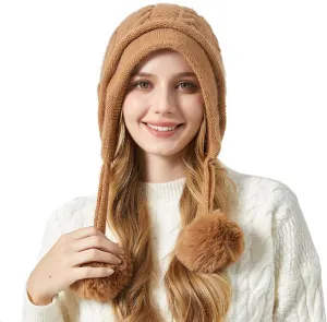 Beanie for Women Ear Flap Slouchy Cable Knit Hat with Pompom Fleece Lined Winter Hat Thick Cover Ears Skull Cap
