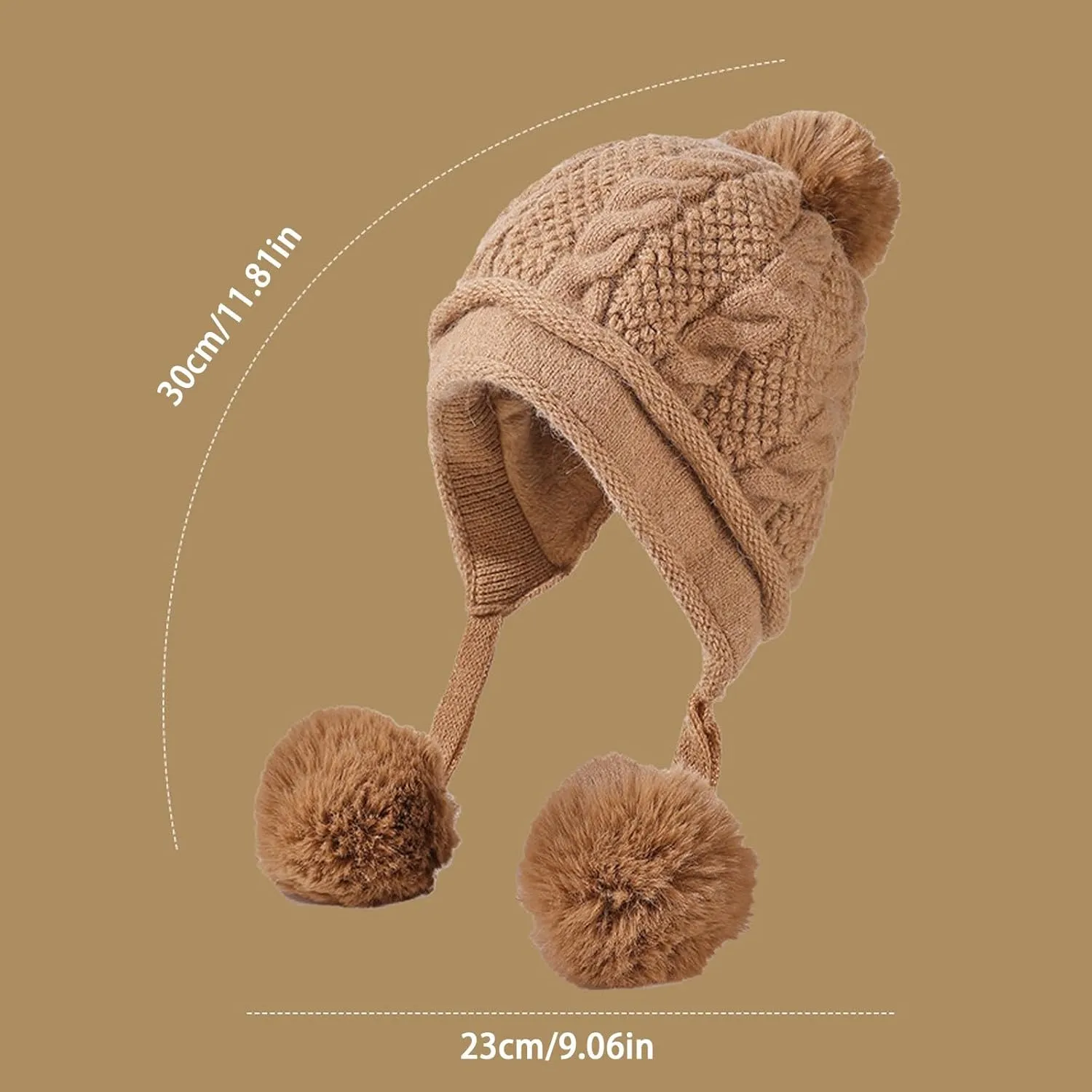 Beanie for Women Ear Flap Slouchy Cable Knit Hat with Pompom Fleece Lined Winter Hat Thick Cover Ears Skull Cap