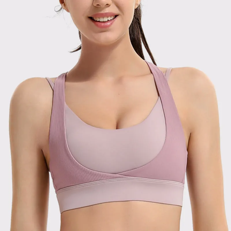 Beautiful back sports underwear women's shockproof running fitness bra gathered training ribbed yoga vest