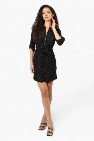 Beechers Brook Dotted Roll Up Sleeve Day Dress - Black