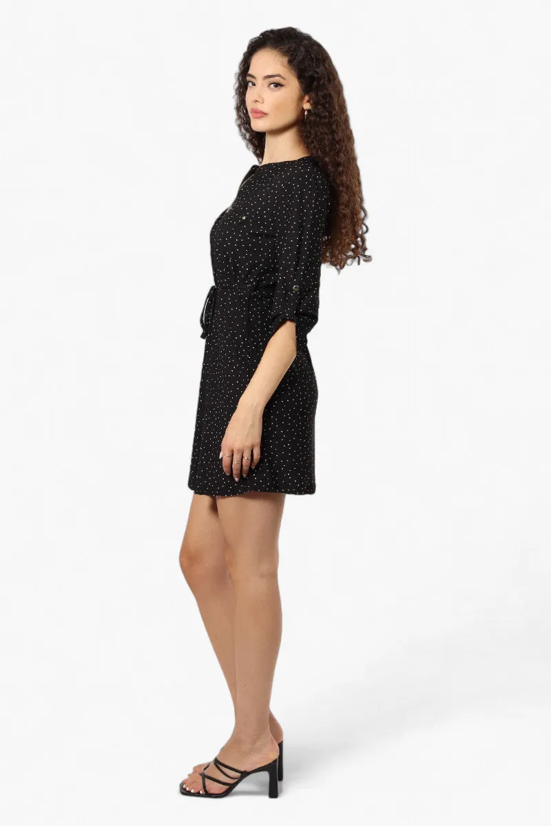 Beechers Brook Dotted Roll Up Sleeve Day Dress - Black
