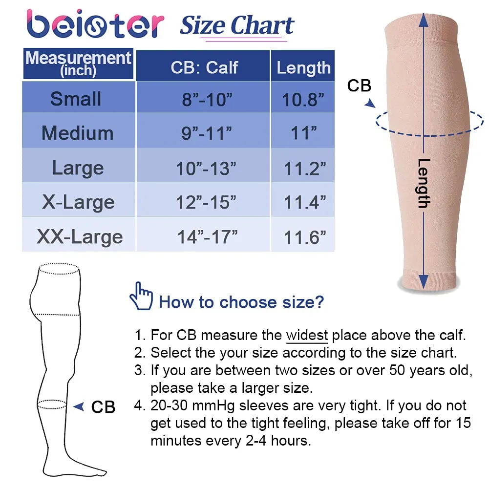 Beister 1 Pair Compression Calf Sleeves (20-30mmHg), Perfect Calf Compression Socks for Running, Shin Splint, Medical, Calf Pain Relief, Air Travel, Nursing, Cycling X-Large Beige