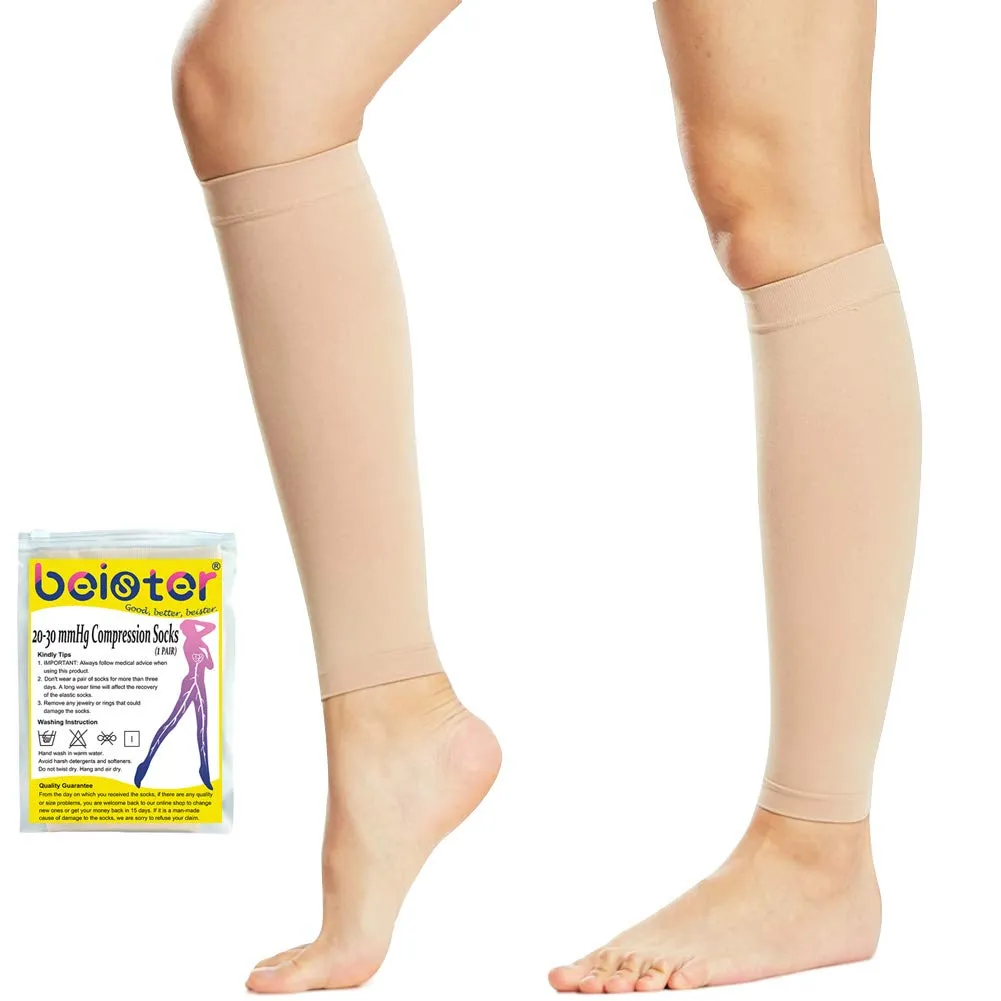 Beister 1 Pair Compression Calf Sleeves (20-30mmHg), Perfect Calf Compression Socks for Running, Shin Splint, Medical, Calf Pain Relief, Air Travel, Nursing, Cycling X-Large Beige