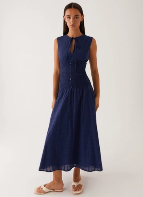 Belle Shirred Waist Midi Dress - Navy Classic Ensemble Belle Shirred Waist Midi Dress - Navy Polished Mood Full Coverage