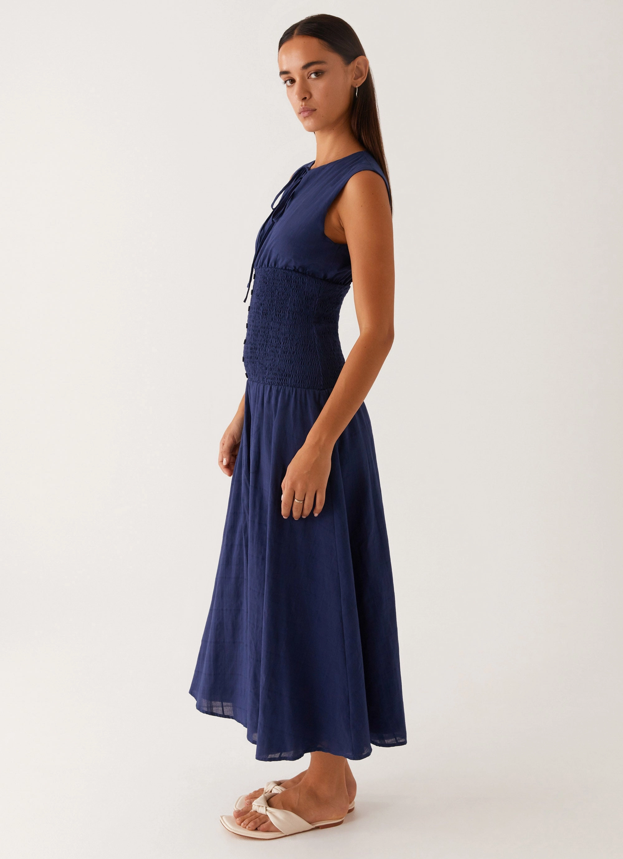 Elegant evening wear Belle Shirred Waist Midi Dress - Navy