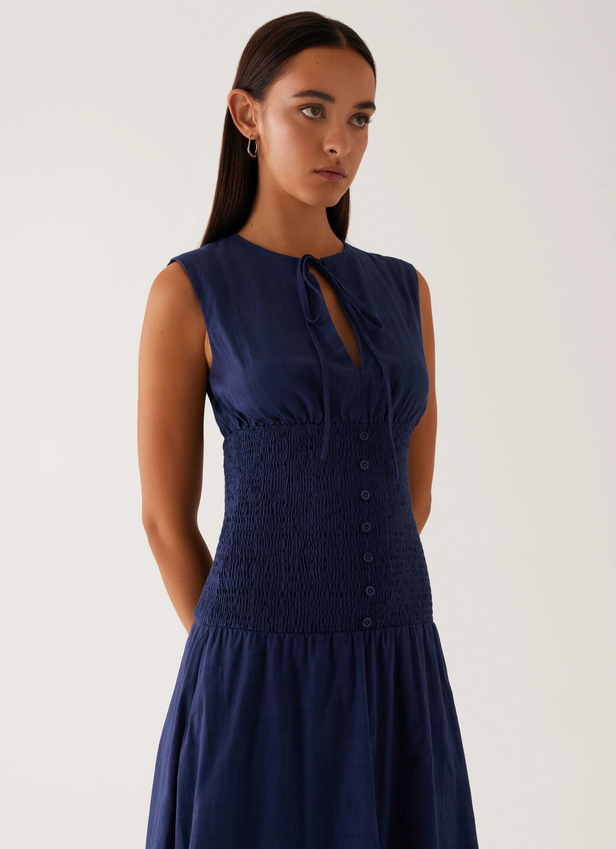 Belle Shirred Waist Midi Dress - Navy Effortless Waist Design