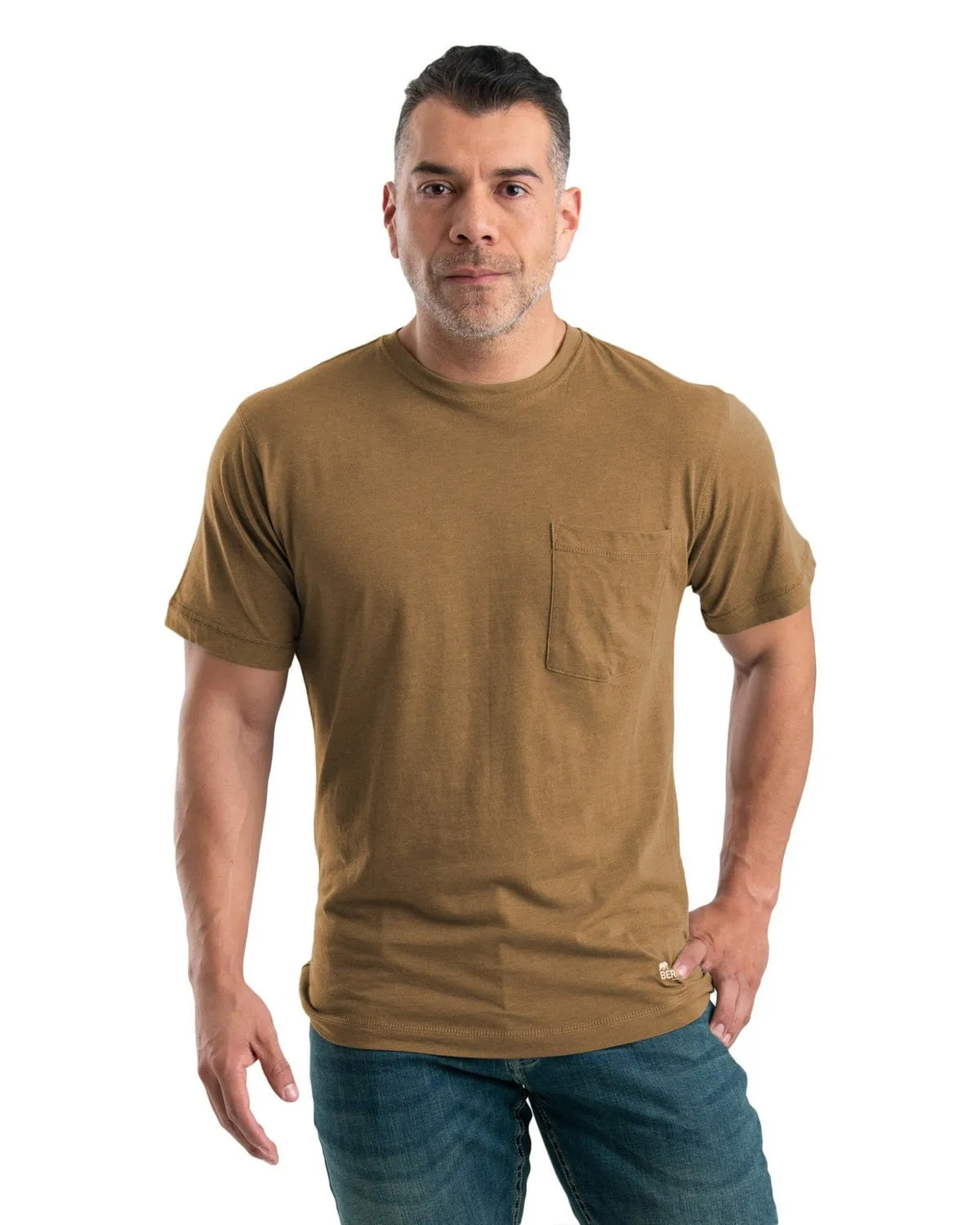 Lakeside Relaxation Eco Friendly Production Berne Apparel Mens Performance Pocket Tee Brown Cotton Blend L/S T-Shirt