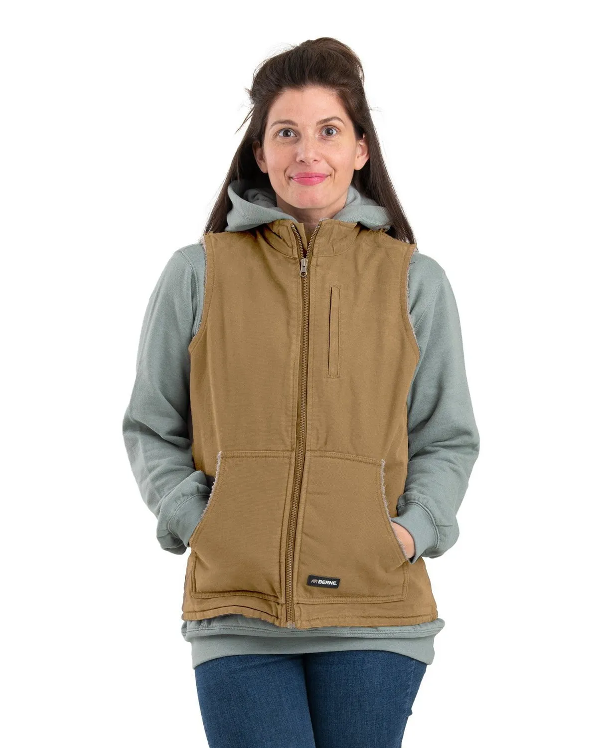 Berne Apparel Womens Sherpa-Lined Softstone Duck Brown Duck 100% Cotton Vest Flexible Style Beach Day Sustainable