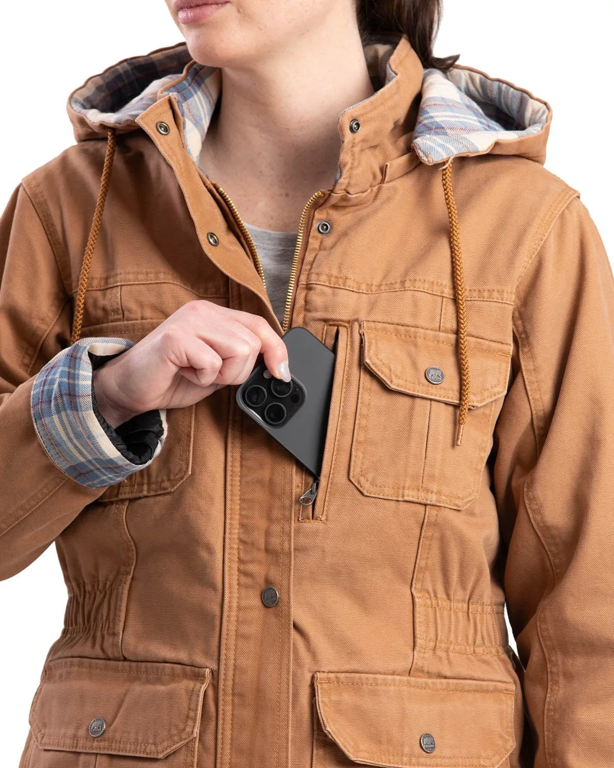 Simple Outfit Relaxed Style Weekend Style High Quality Berne Brown Duck 100% Cotton Womens Vintage Washed Duck Barn Coat