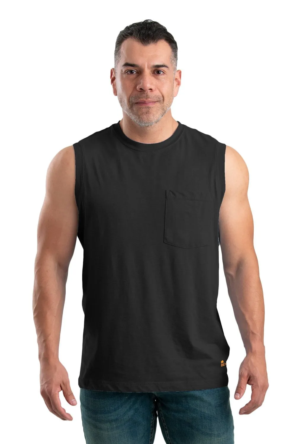 Berne Mens Black Cotton Blend Performance Pocket Tee S/L Moisture Management Tech Multi Layer Stitching