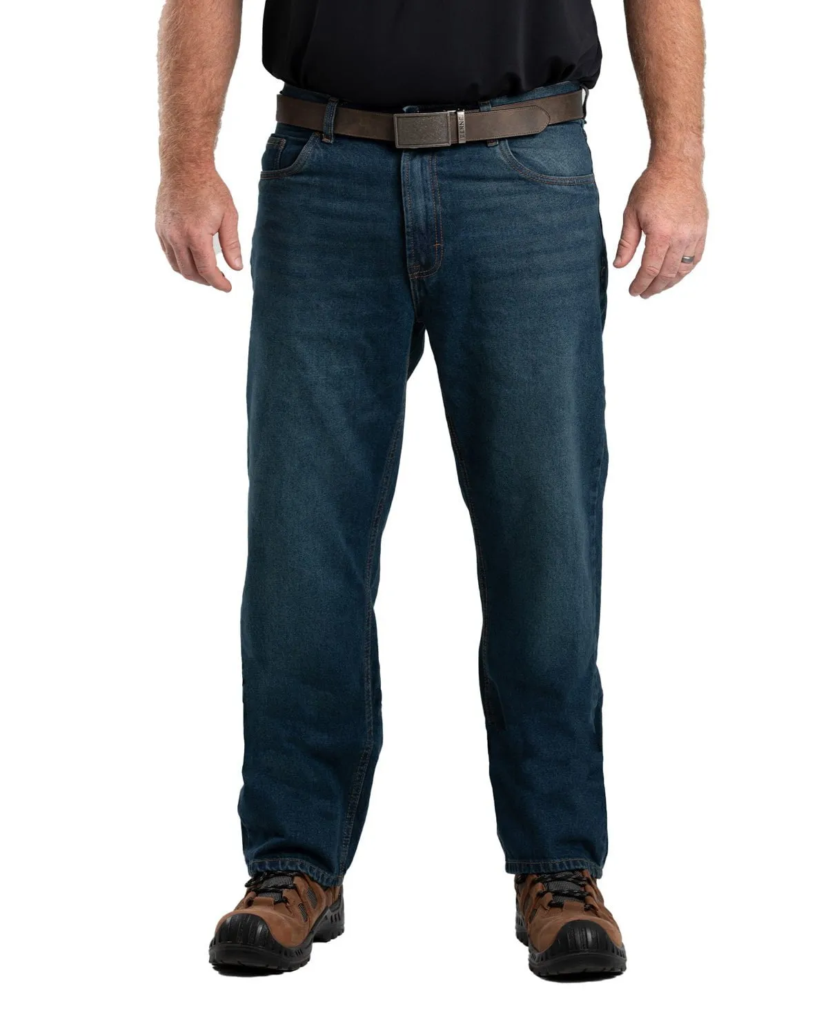 Berne Mens Heritage Straight Leg Stone Wash Dark 100% Cotton Jeans Breathable Work Meeting Relaxed Style Cool Essentials