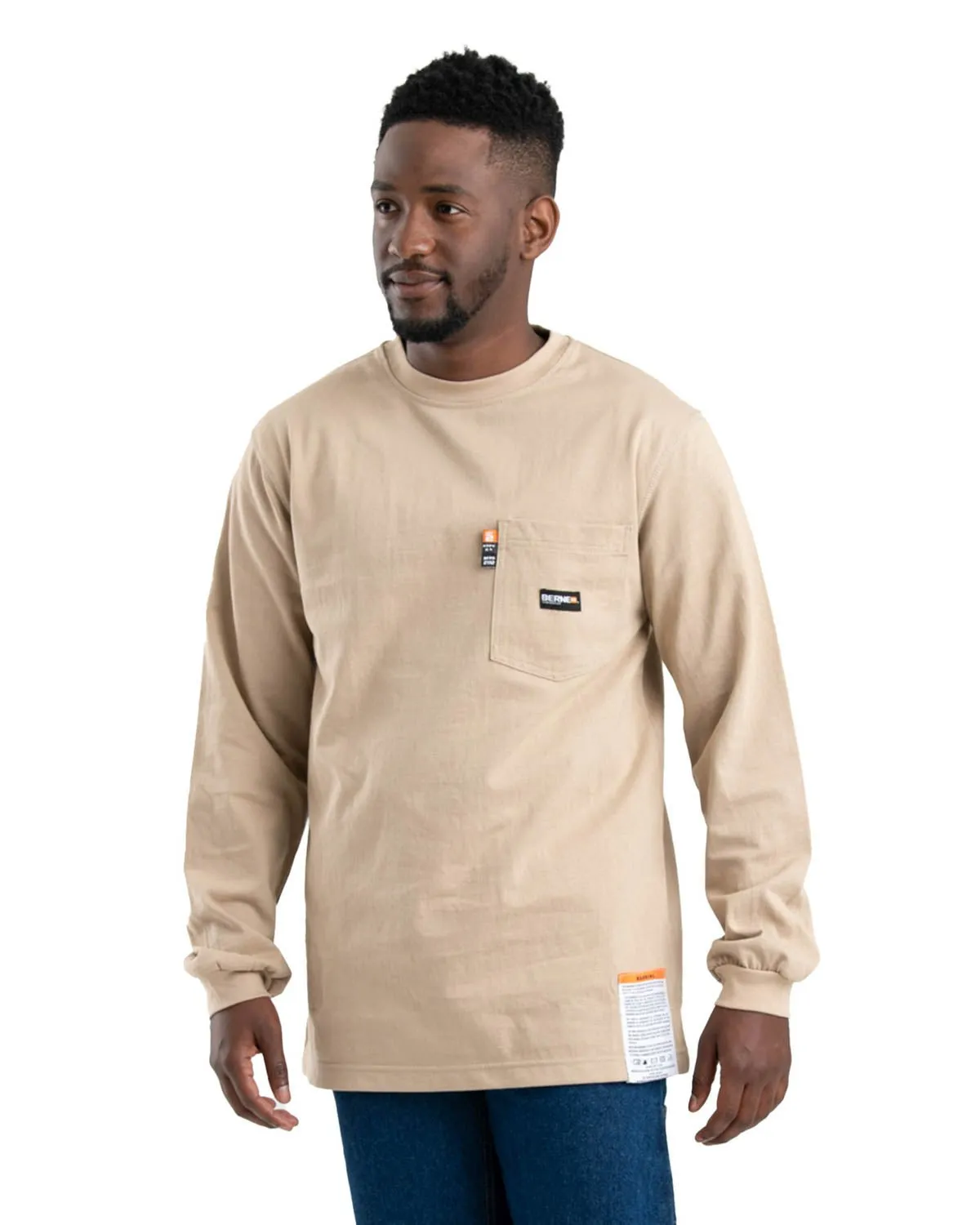 Berne Mens Khaki 100% Cotton FR Crew Neck T-Shirt S/S Functional Comfort Comfy Fit