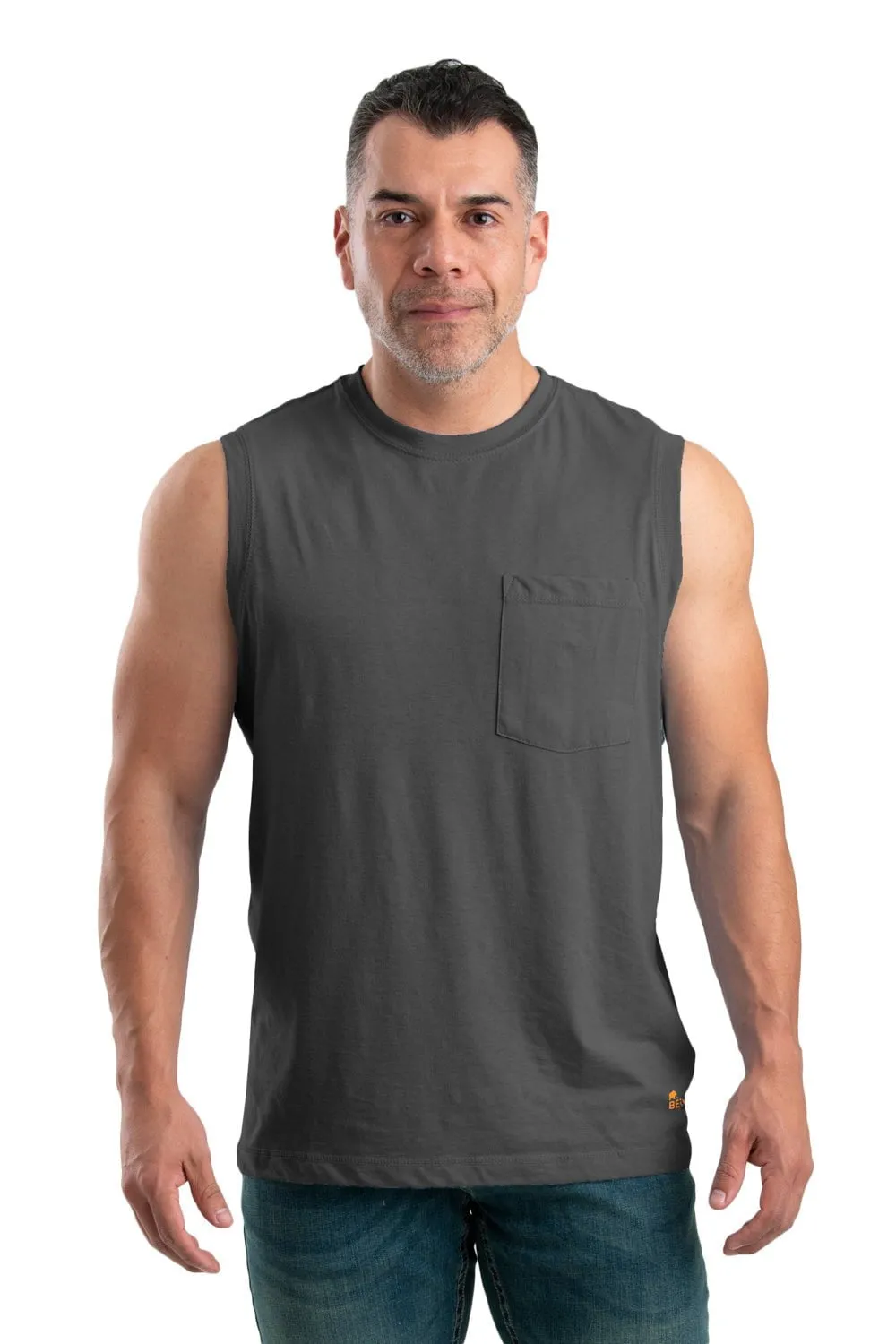 Berne Mens Slate Cotton Blend Performance Pocket Tee S/L Reinforced Seams Pocket Detailing