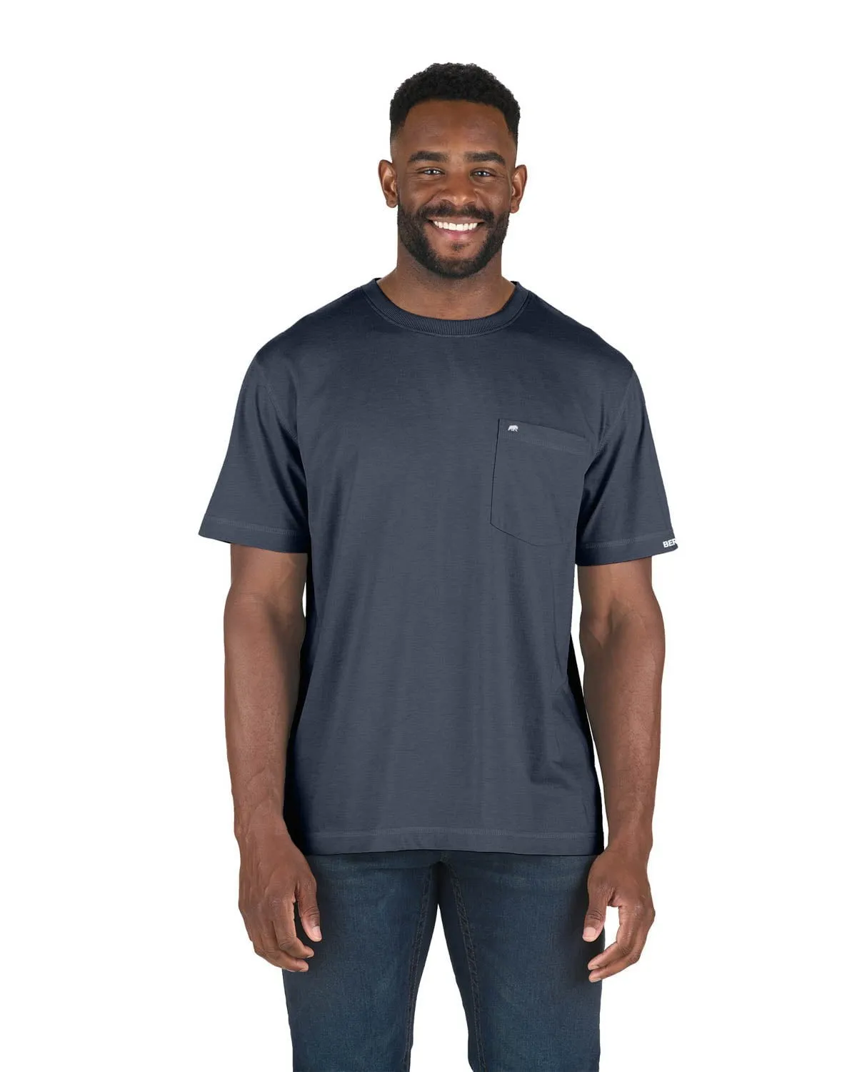 Double Needle Hemming Flexible Shoulder Panels Berne Mens Space Blue Cotton Blend Lightweight Performance Tee S/S