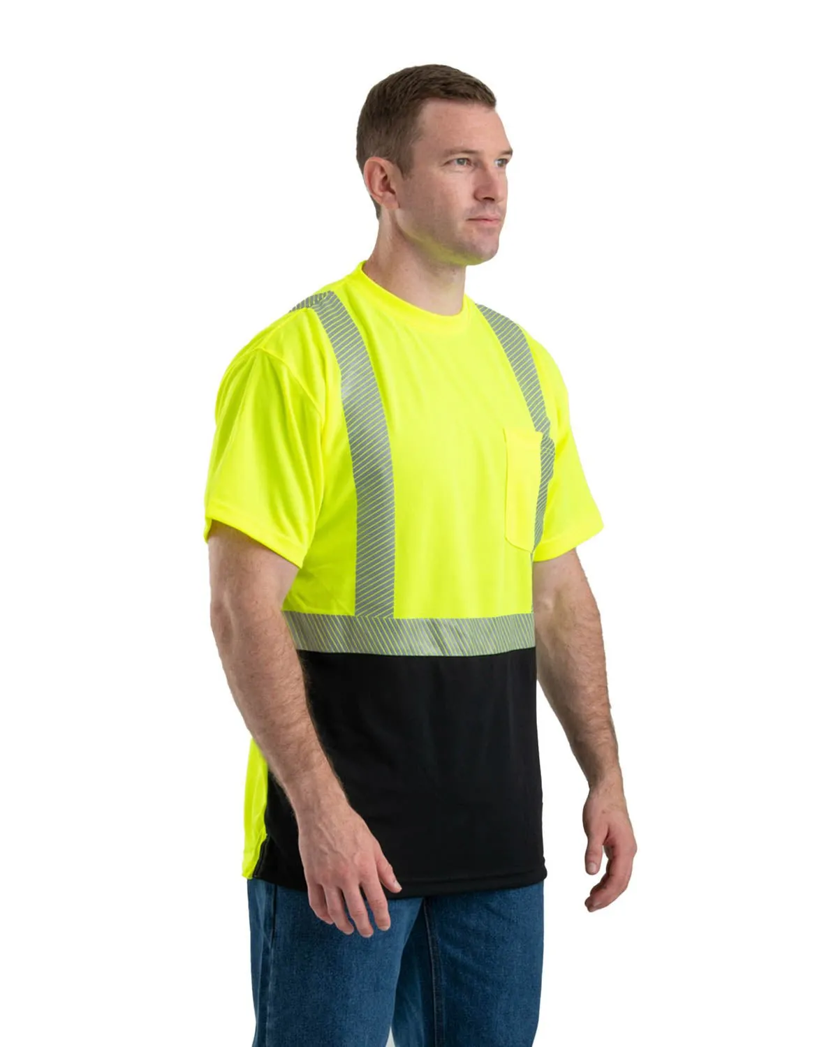 Berne Mens Yellow Polyester Hi-Vis Class 2 Color Block Tee S/S Non Iron Fabric