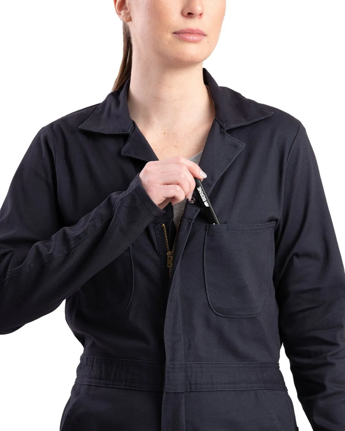 Double Layered Knees Flexible Fit Berne Womens Highland Flex Unlined Navy Cotton Blend Work Coverall