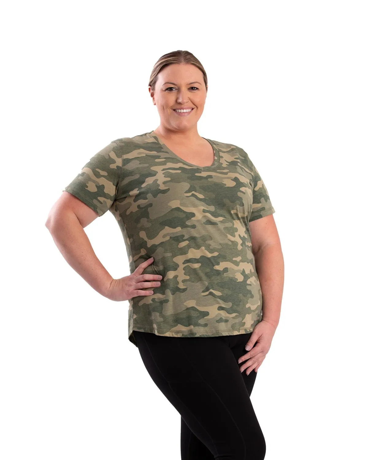 Berne Womens Performance V-Neck Forest Camo Cotton Blend S/S T-Shirt Wrinkle Resistant Material Holiday Style