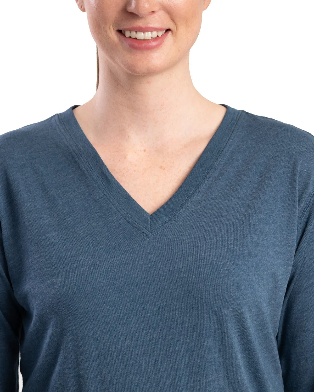 Colorfast Dyeing Method Non Stretch Denim Berne Womens Performance V-Neck Midnight Rain Cotton Blend L/S T-Shirt