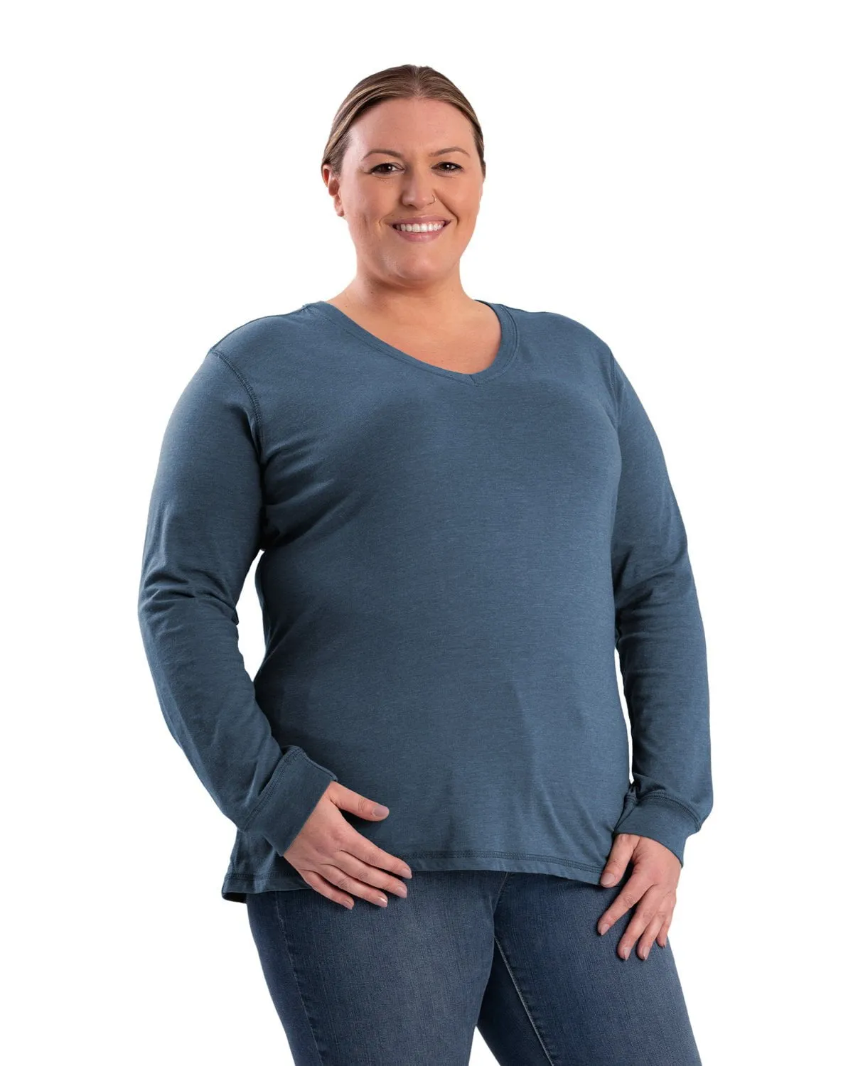 Relaxed Basics Berne Womens Performance V-Neck Midnight Rain Cotton Blend L/S T-Shirt