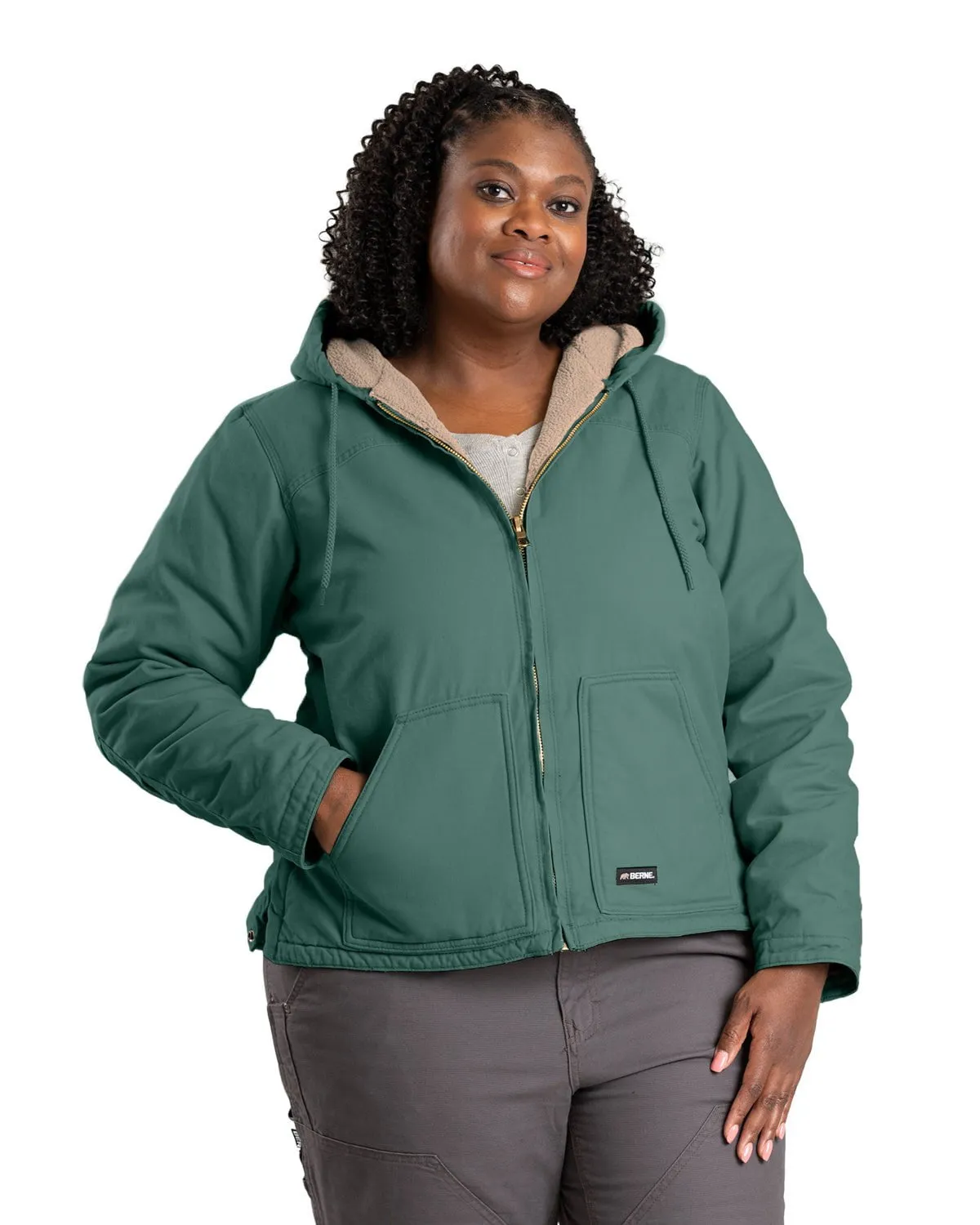 Berne Womens Sherpa-Lined Softstone Duck Eucalyptus 100% Cotton Hoodie Relaxed Fit Waist Youth Style Stylish Road Trip