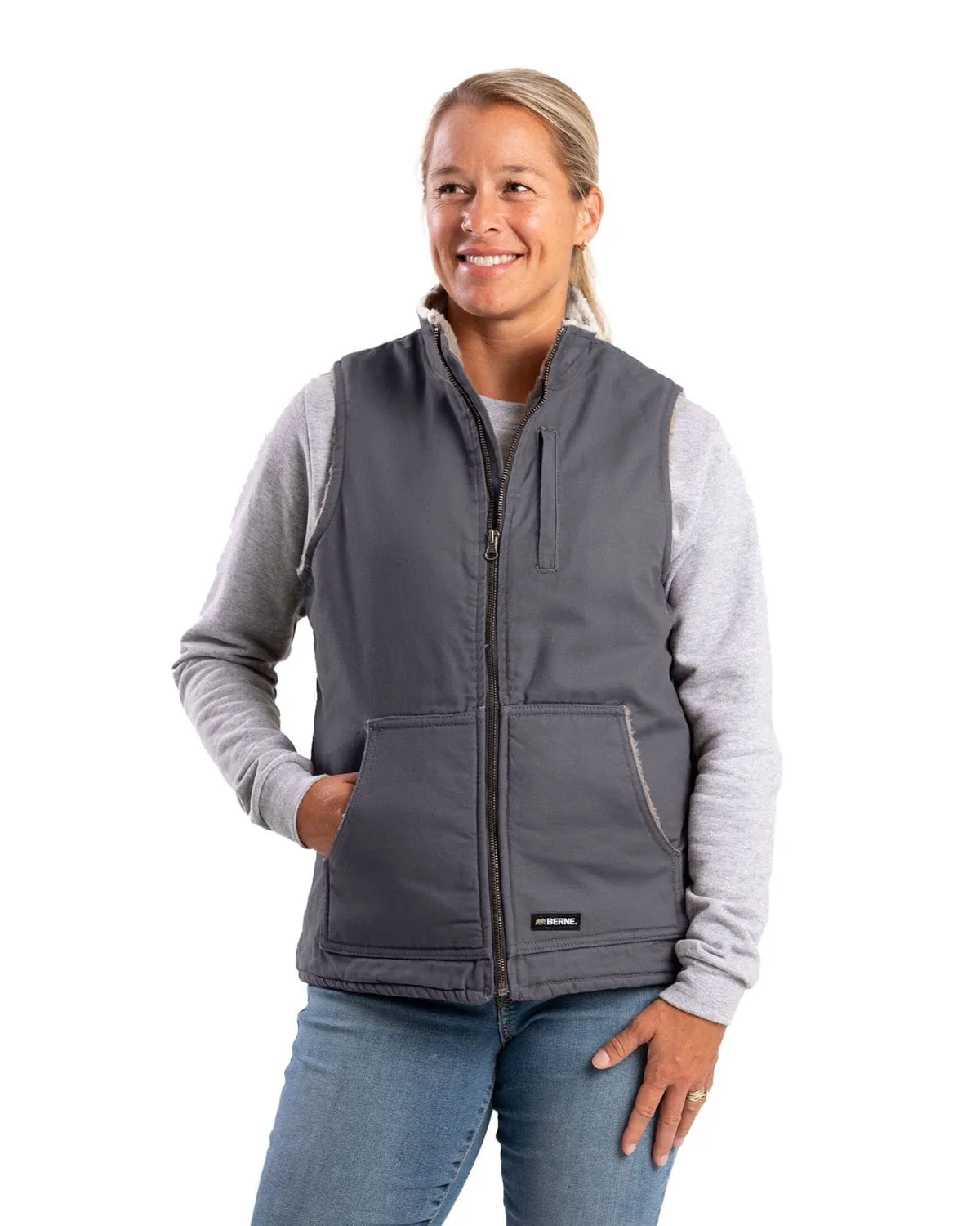 Contemporary Vibe Berne Womens Sherpa-Lined Softstone Duck Titanium 100% Cotton Vest