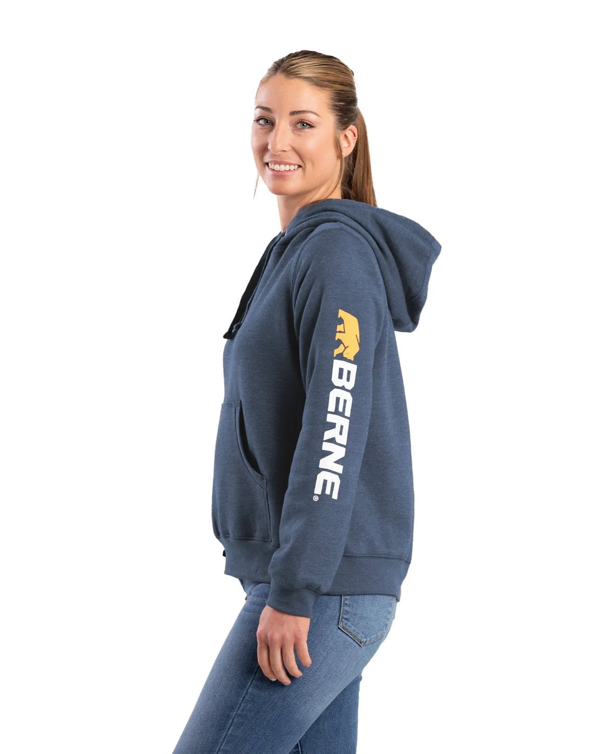 Comfortable Tailoring Berne Womens Signature Sleeve Pullover Steel Blue Cotton Blend Hoodie