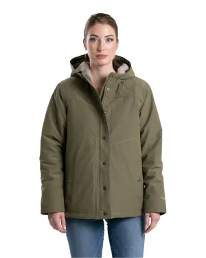 Berne Womens Softstone Micro-Duck Hooded Burnt Olive Cotton Blend Coat Weekend Fit Flexible Waistband Construction Berne Womens Softstone Micro-Duck Hooded Burnt Olive Cotton Blend Coat