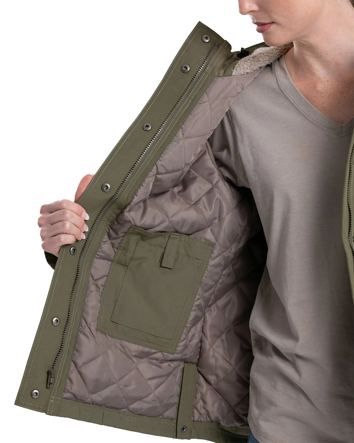 Relax Mode Always Needed Berne Womens Softstone Micro-Duck Hooded Burnt Olive Cotton Blend Coat