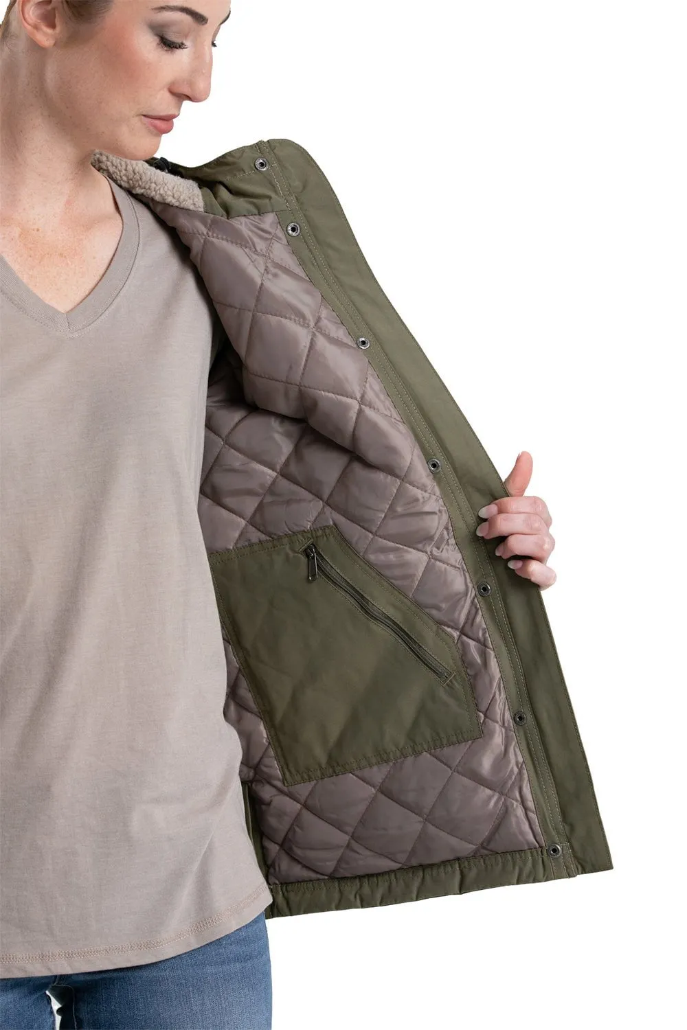 Berne Womens Softstone Micro-Duck Hooded Burnt Olive Cotton Blend Coat Multipurpose Utility Pockets Essential Piece