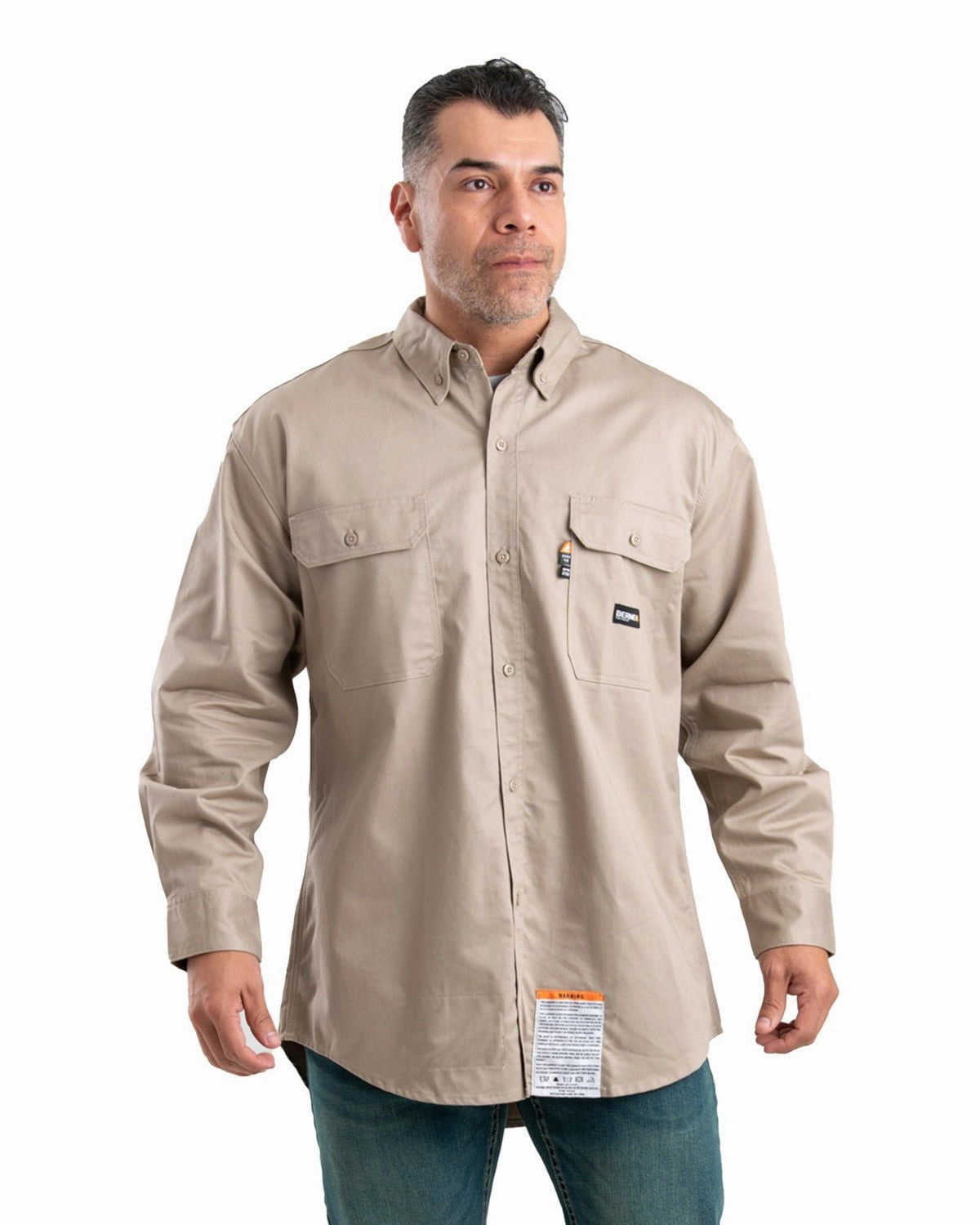 Casual Chic Berne Apparel Mens Flame Resistant Button Down Work Khaki Cotton Blend L/S Shirt