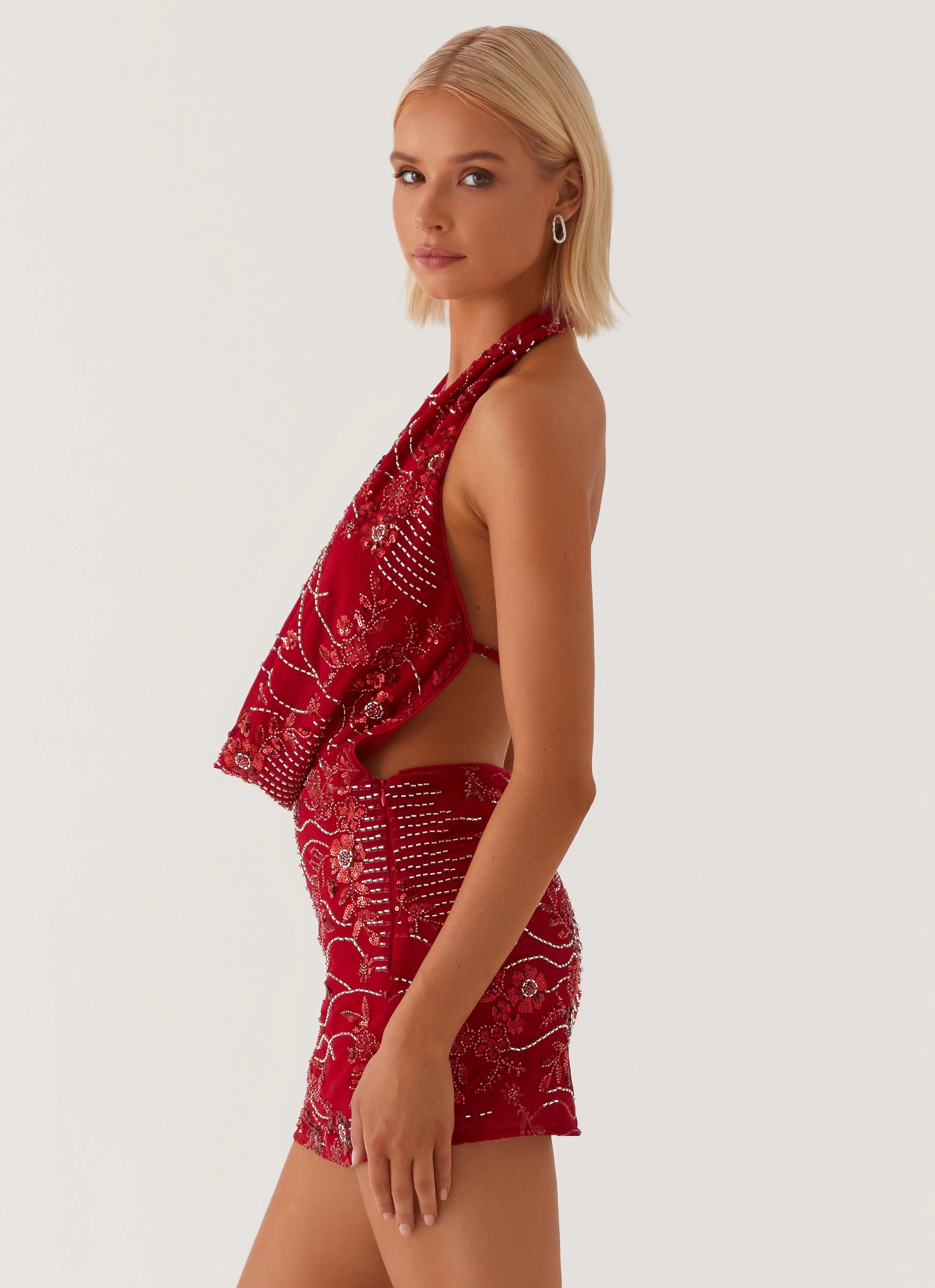 Back Detail Light Silhouette Olisa Cowl Neck Beaded Mini Dress - Red