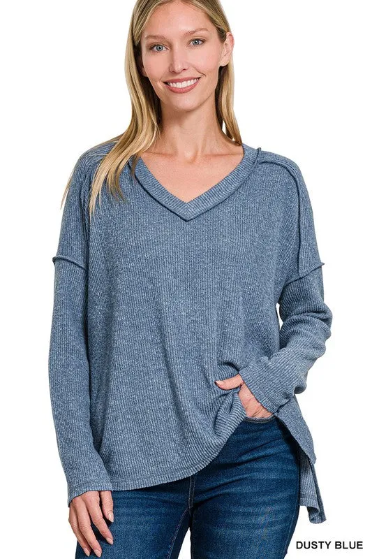 soft look Bettie Brushed Ribbed Hacci Drop Shoulder V-neck Sweater S-XL