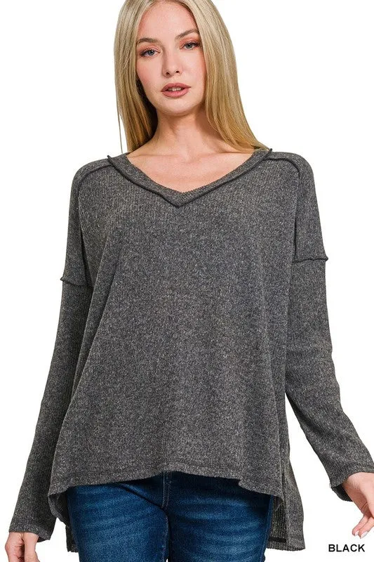 Bettie Brushed Ribbed Hacci Drop Shoulder V-neck Sweater S-XL Simple and Cozy