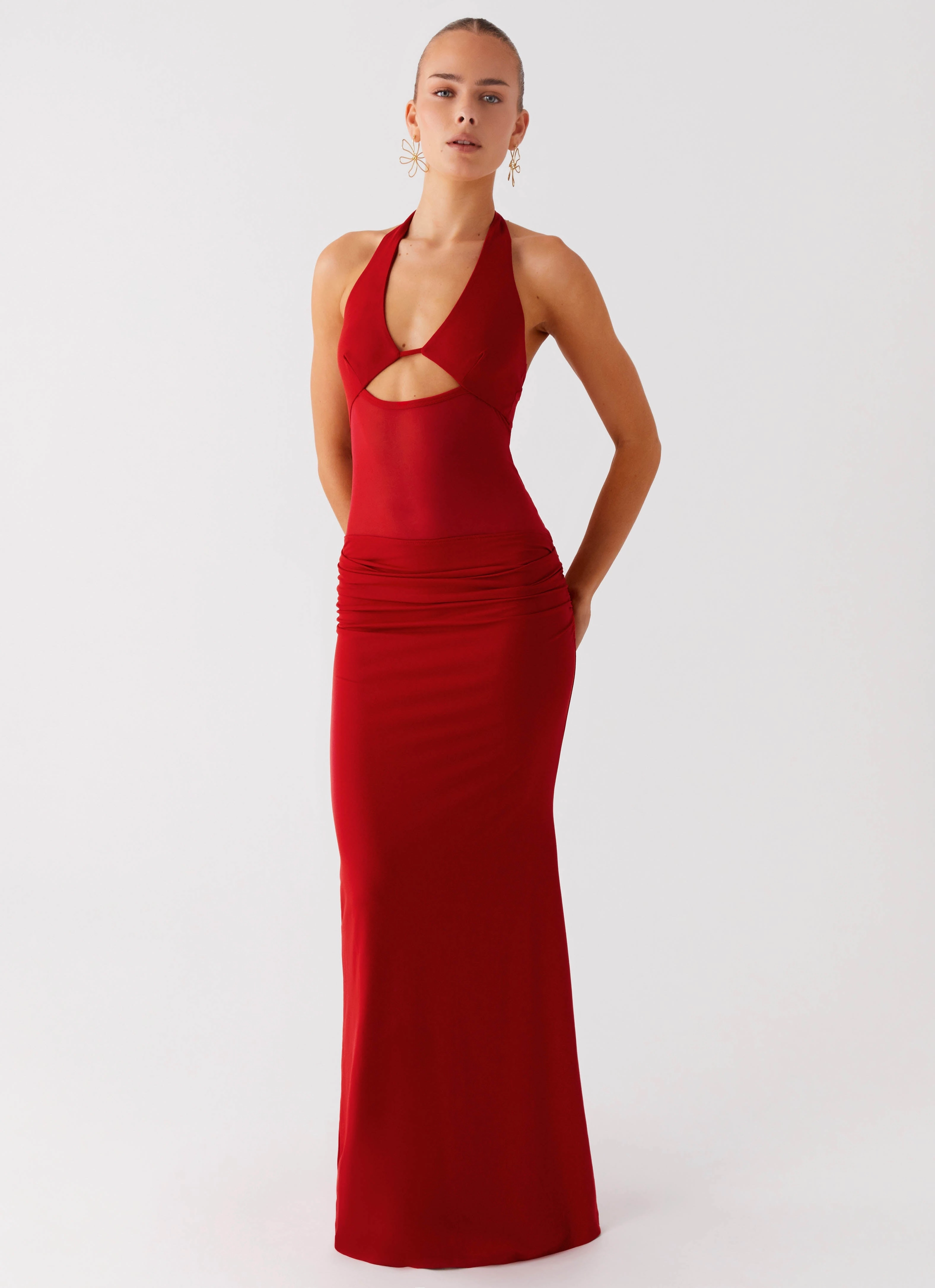 Billen Halter Maxi Dress - Red AntiFrayEdging Hidden-Pocket