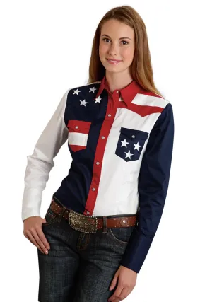 Biodegradable Cloth Roper Americana Ladies Blue 100% Cotton L/S Colorblock Western Shirt Versatile Fit Roper Americana Ladies Blue 100% Cotton L/S Colorblock Western Shirt