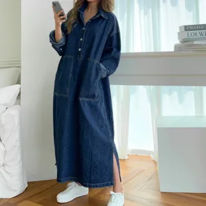 Bjlxn Women&#39;s Spring Autumn Casual Denim Shirt Dress Lady Long Sleeve Midi Jeans Vestidos Female Fashion Loose Outerwear Clothings