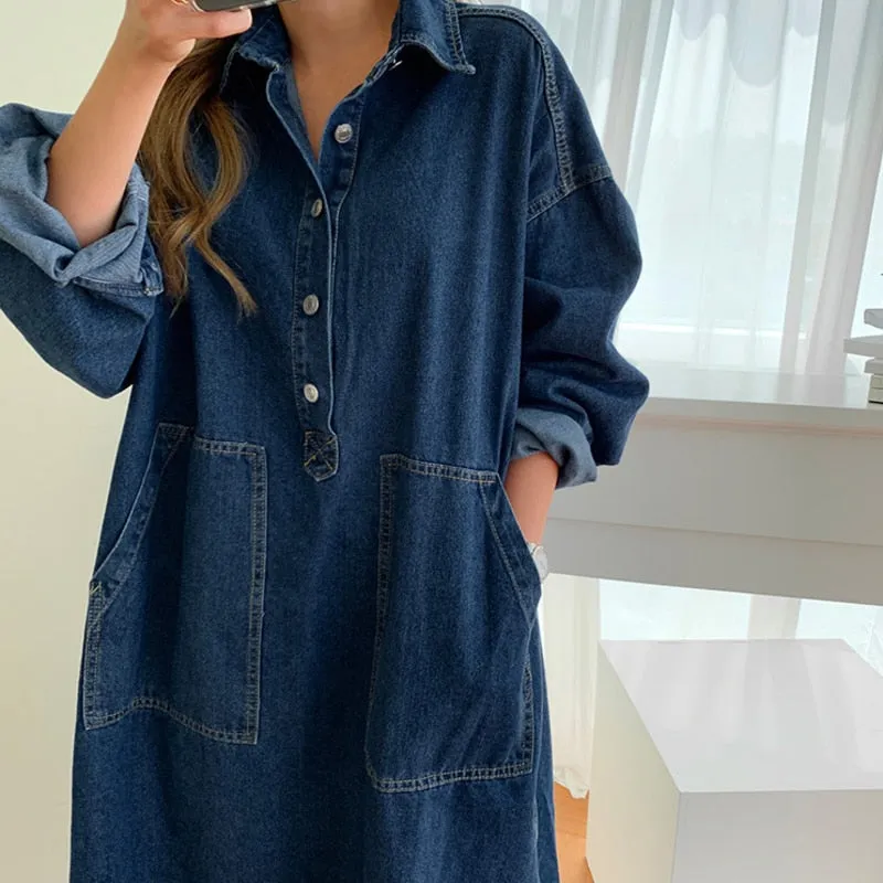 Bjlxn Women&#39;s Spring Autumn Casual Denim Shirt Dress Lady Long Sleeve Midi Jeans Vestidos Female Fashion Loose Outerwear Clothings