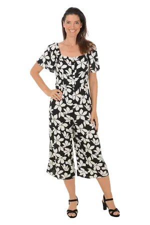 Black Floral Square Neck Jumpsuit Seasonal Outfit Stain-Guard-Finish Stylish and Simple Black Floral Square Neck Jumpsuit