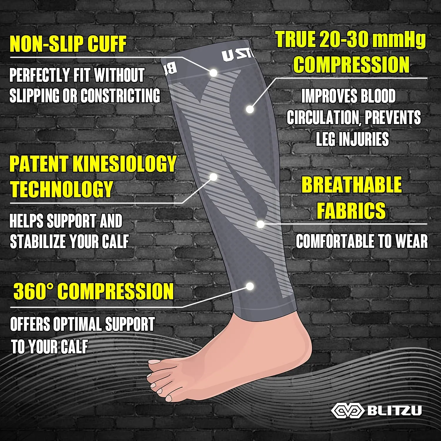 BLITZU 3 Pairs Calf Compression Sleeves for Women and Men Size L-XL, One Grey, One Black, One Blue Calf Sleeve, Leg Compression Sleeve for Calf Pain and Shin Splints. Footless Compression Socks.