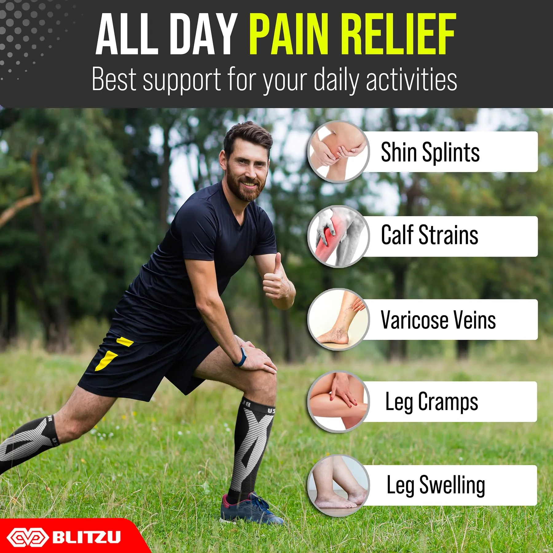 BLITZU Calf Compression Sleeve for Men & Women Footless Compression Socks Support Runners Leg Sleeve Shin Splints Pain Relief Black Small/Medium