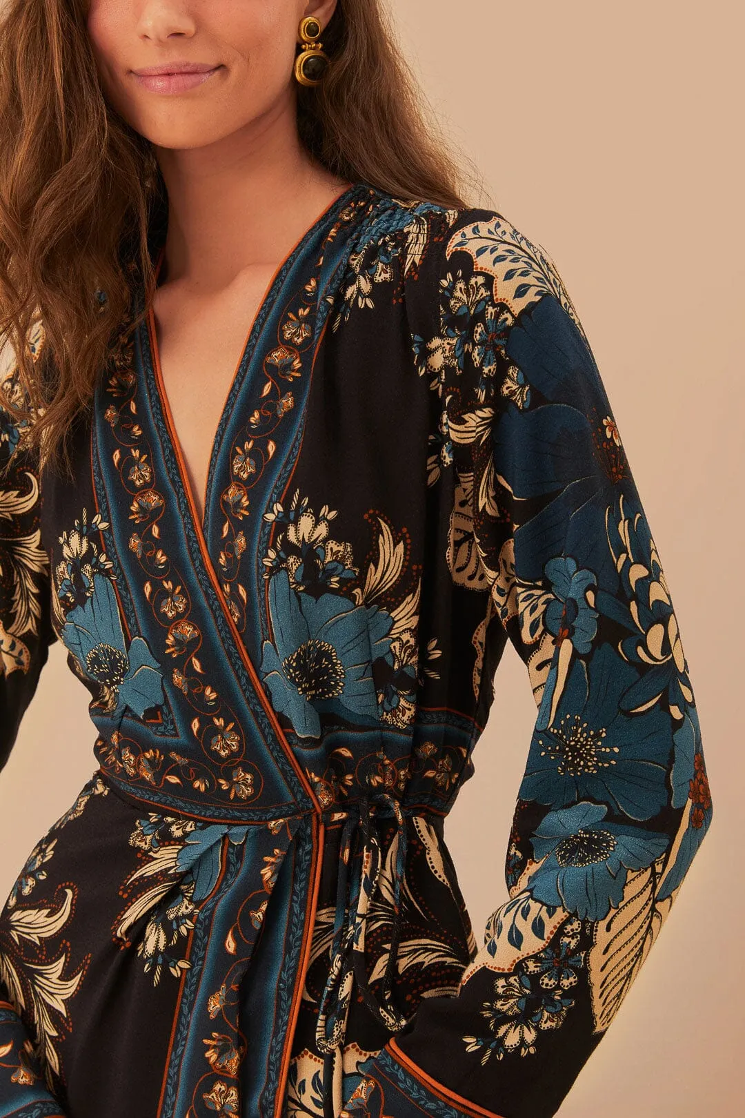 Street Casual Blossom Tapestry Midi Dress in Black