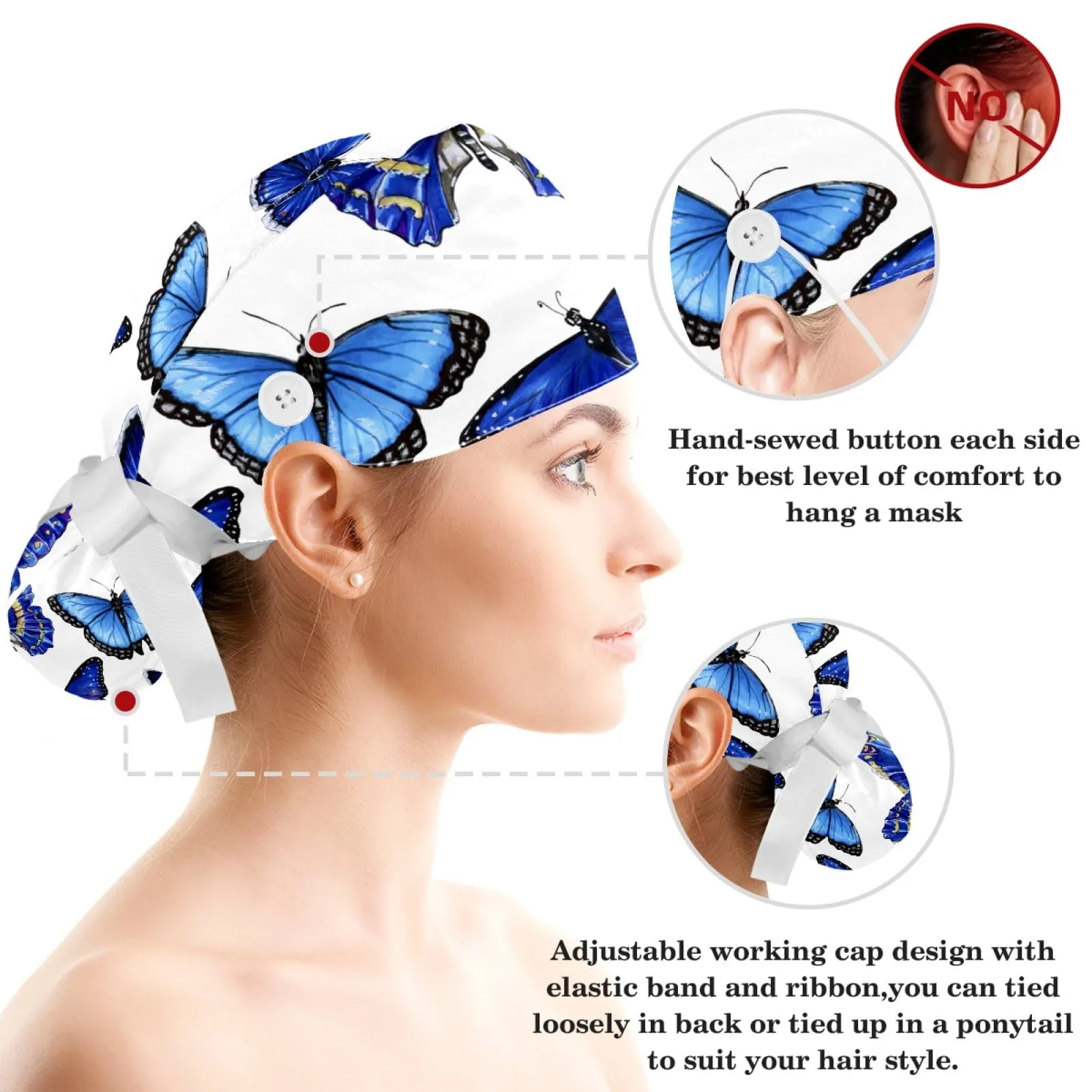 Blue Butterflies Pattern Scrub Cap, Adjustable Working Cap with Button, Bouffant Caps with Bow Hair Scrunchy