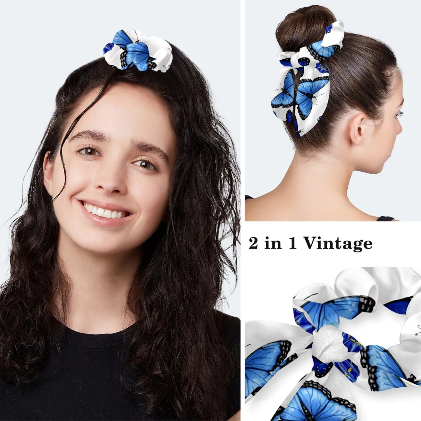Blue Butterflies Pattern Scrub Cap, Adjustable Working Cap with Button, Bouffant Caps with Bow Hair Scrunchy