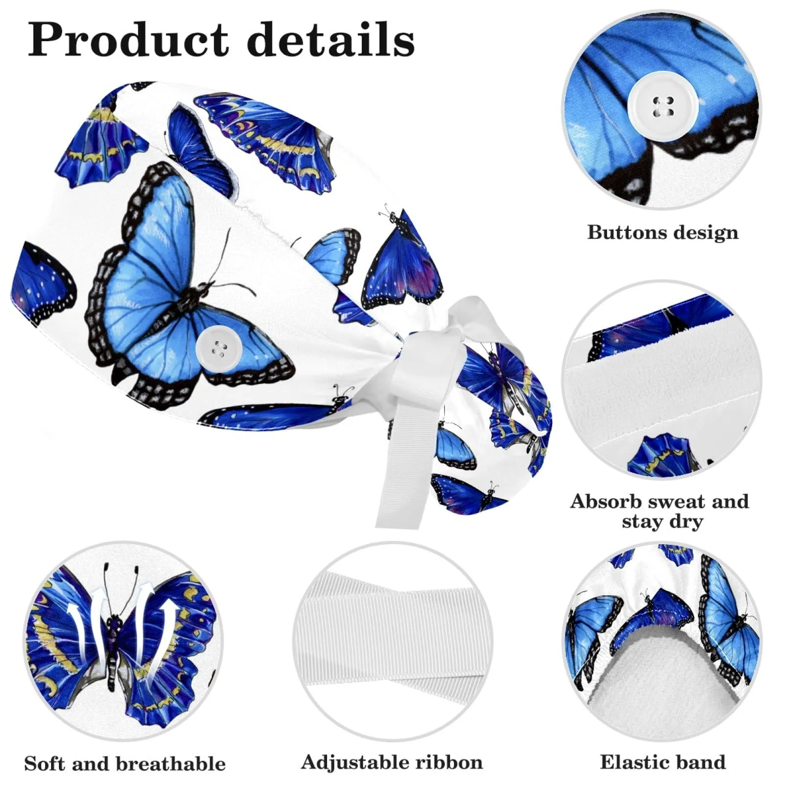 Blue Butterflies Pattern Scrub Cap, Adjustable Working Cap with Button, Bouffant Caps with Bow Hair Scrunchy