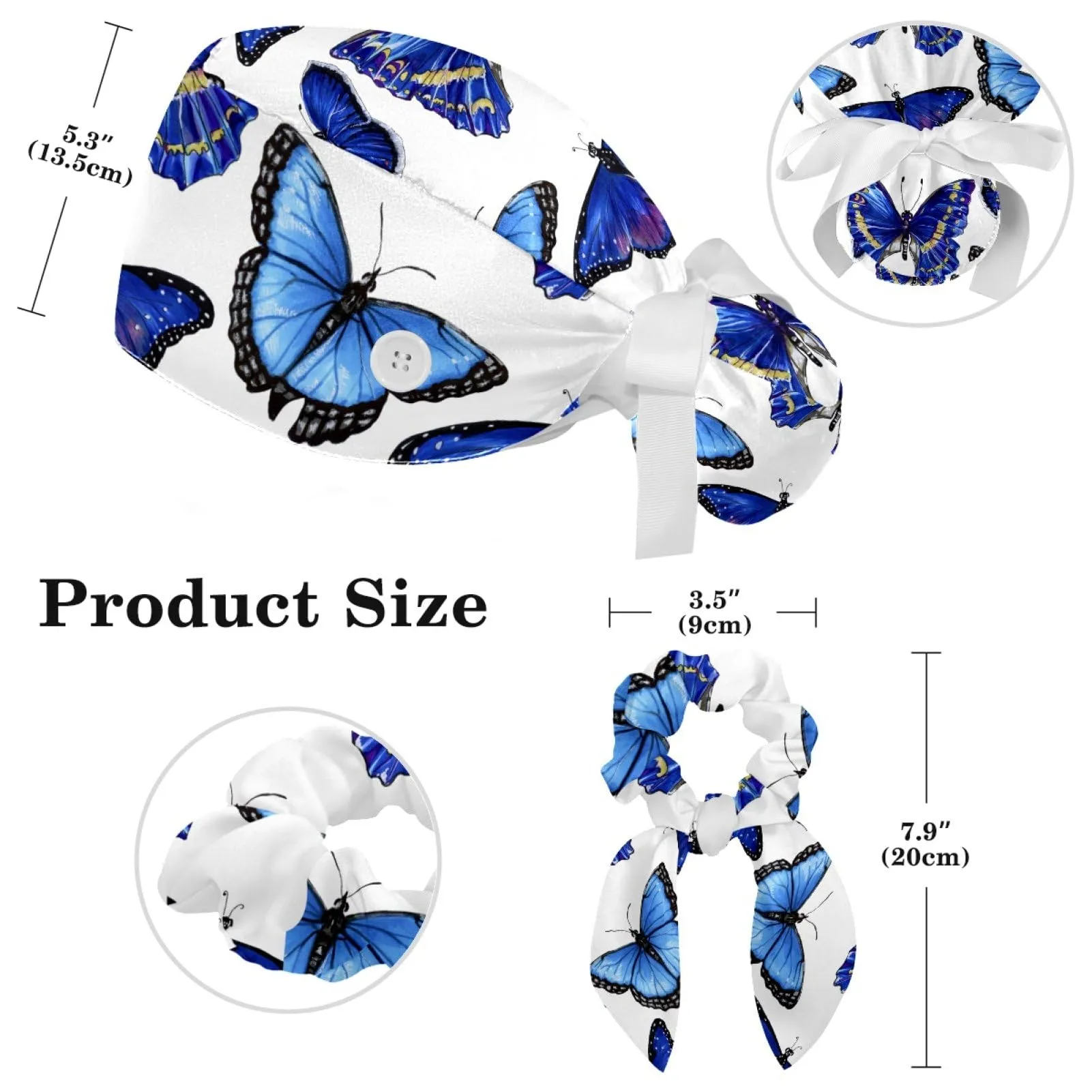 Blue Butterflies Pattern Scrub Cap, Adjustable Working Cap with Button, Bouffant Caps with Bow Hair Scrunchy