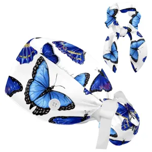 Blue Butterflies Pattern Scrub Cap, Adjustable Working Cap with Button, Bouffant Caps with Bow Hair Scrunchy