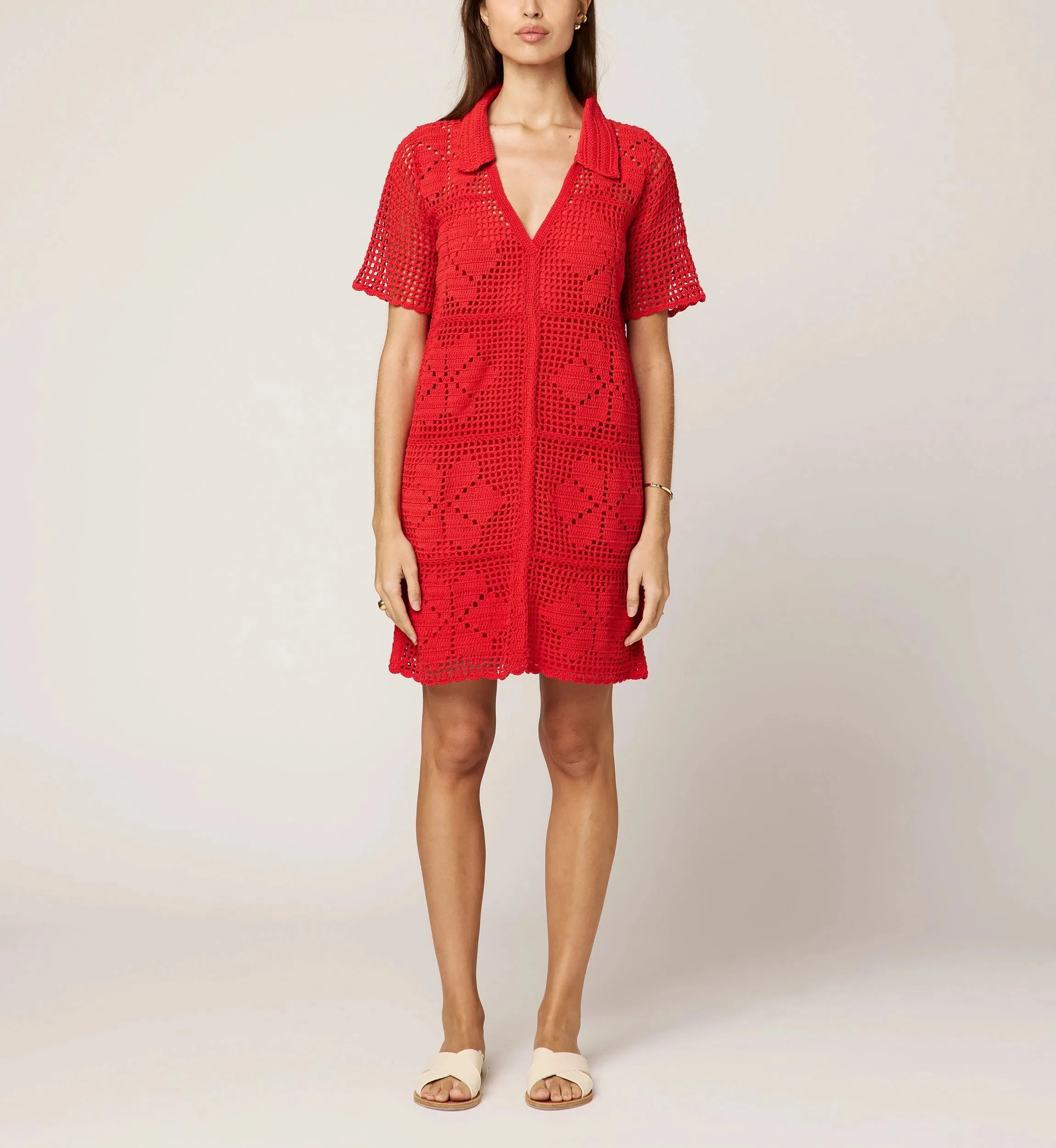 City Mood Fold-Over-Detail Ileanna Crochet Mini Dress | Poppy Red